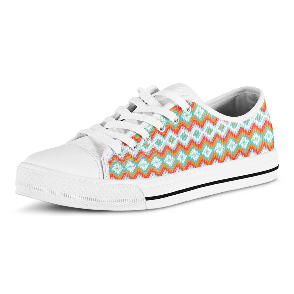 Turquoise Native American Pattern Print White Low Top Shoes