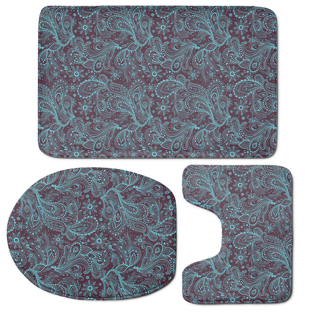 Turquoise Paisley Pattern Print 3 Piece Bath Mat Set