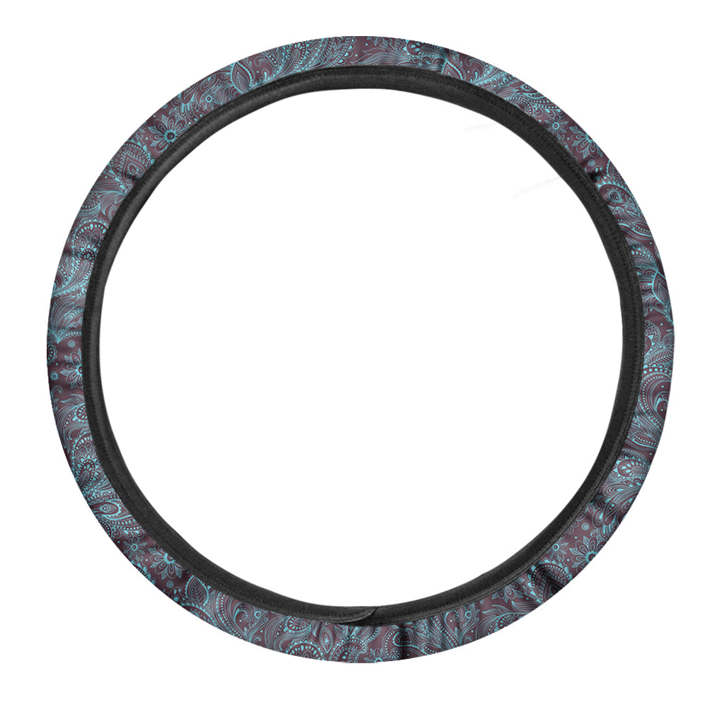 Turquoise Paisley Pattern Print Car Steering Wheel Cover