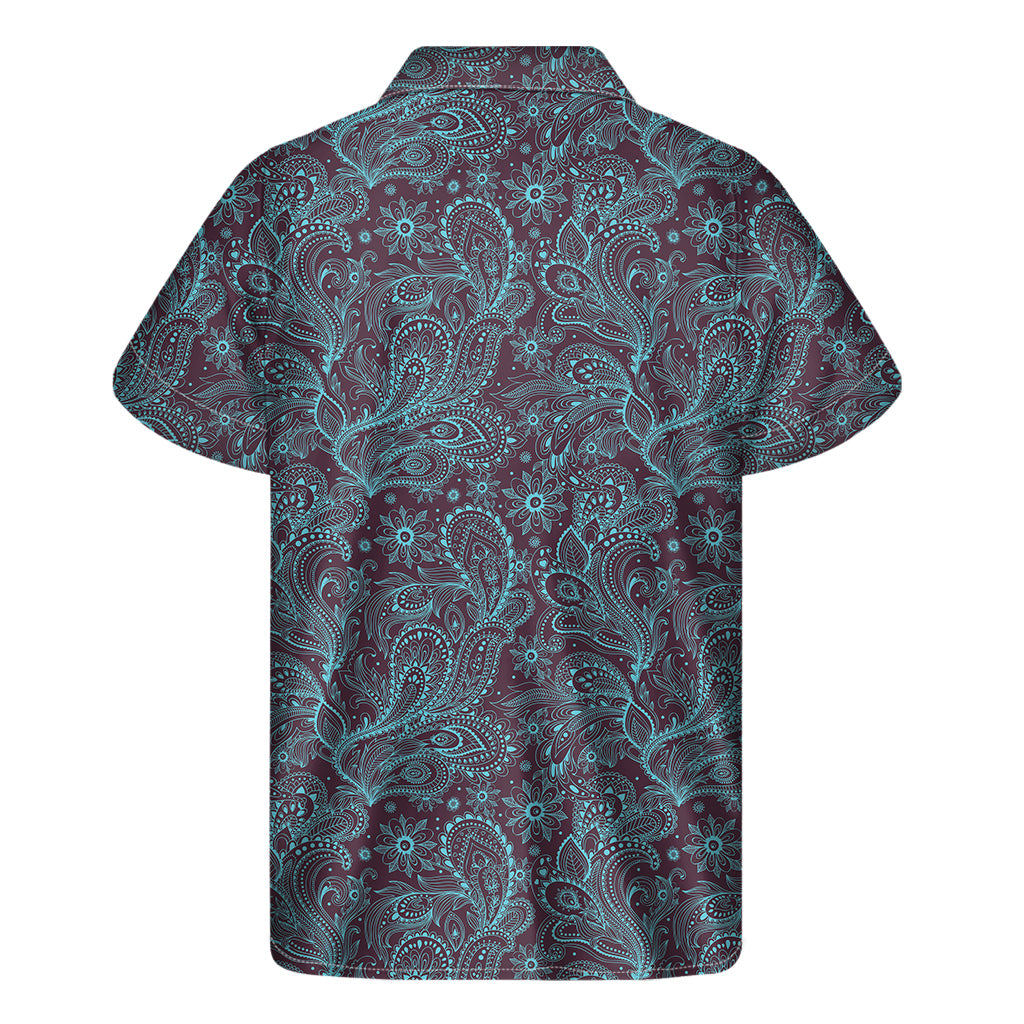 Turquoise Paisley Pattern Print Men's Short Sleeve Shirt