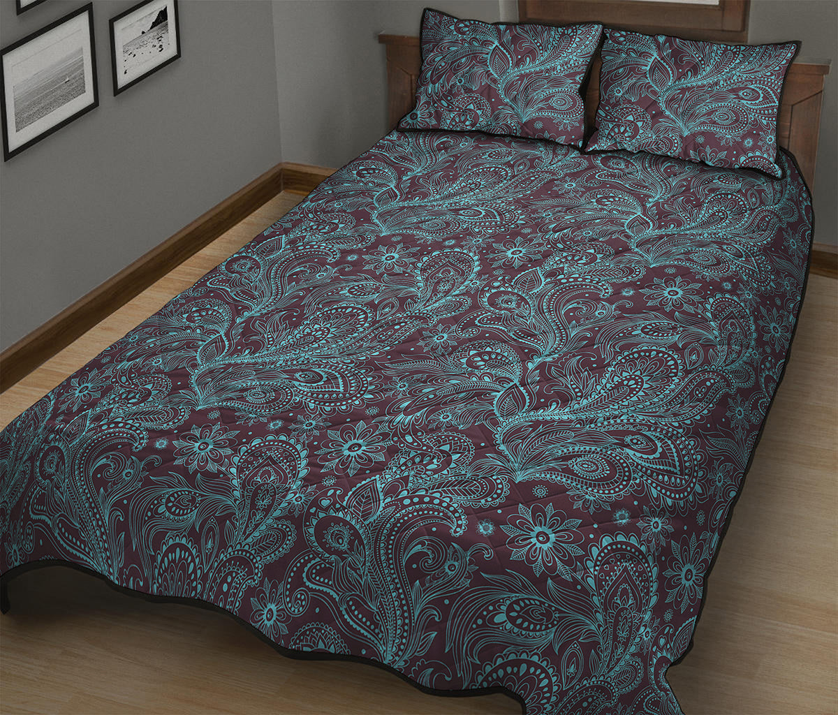 Turquoise Paisley Pattern Print Quilt Bed Set