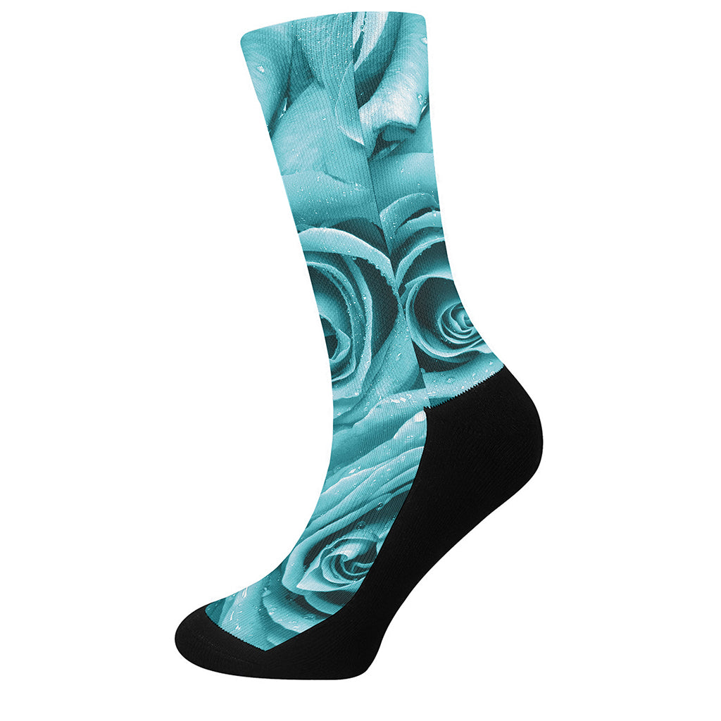 Turquoise Rose Flower Print Crew Socks
