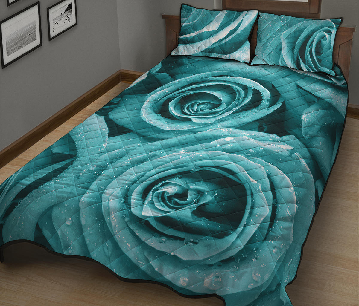 Turquoise Rose Flower Print Quilt Bed Set