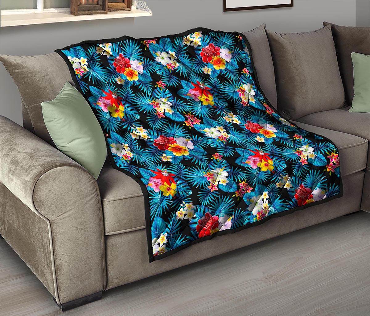 Turquoise Tropical Hawaii Pattern Print Quilt