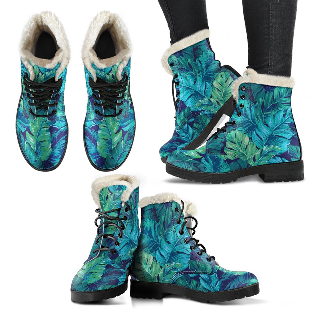 Turquoise Tropical Leaf Pattern Print Comfy Boots GearFrost