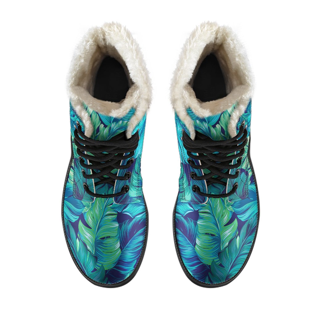 Turquoise Tropical Leaf Pattern Print Comfy Boots GearFrost
