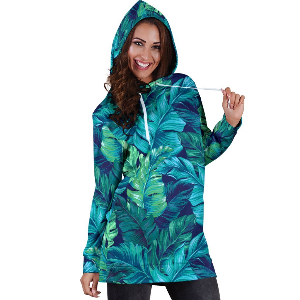 Turquoise Tropical Leaf Pattern Print Hoodie Dress GearFrost
