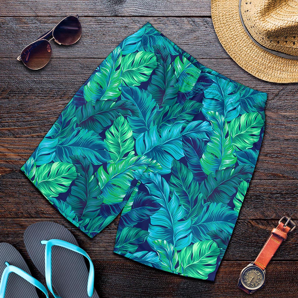 Turquoise Tropical Leaf Pattern Print Men's Shorts