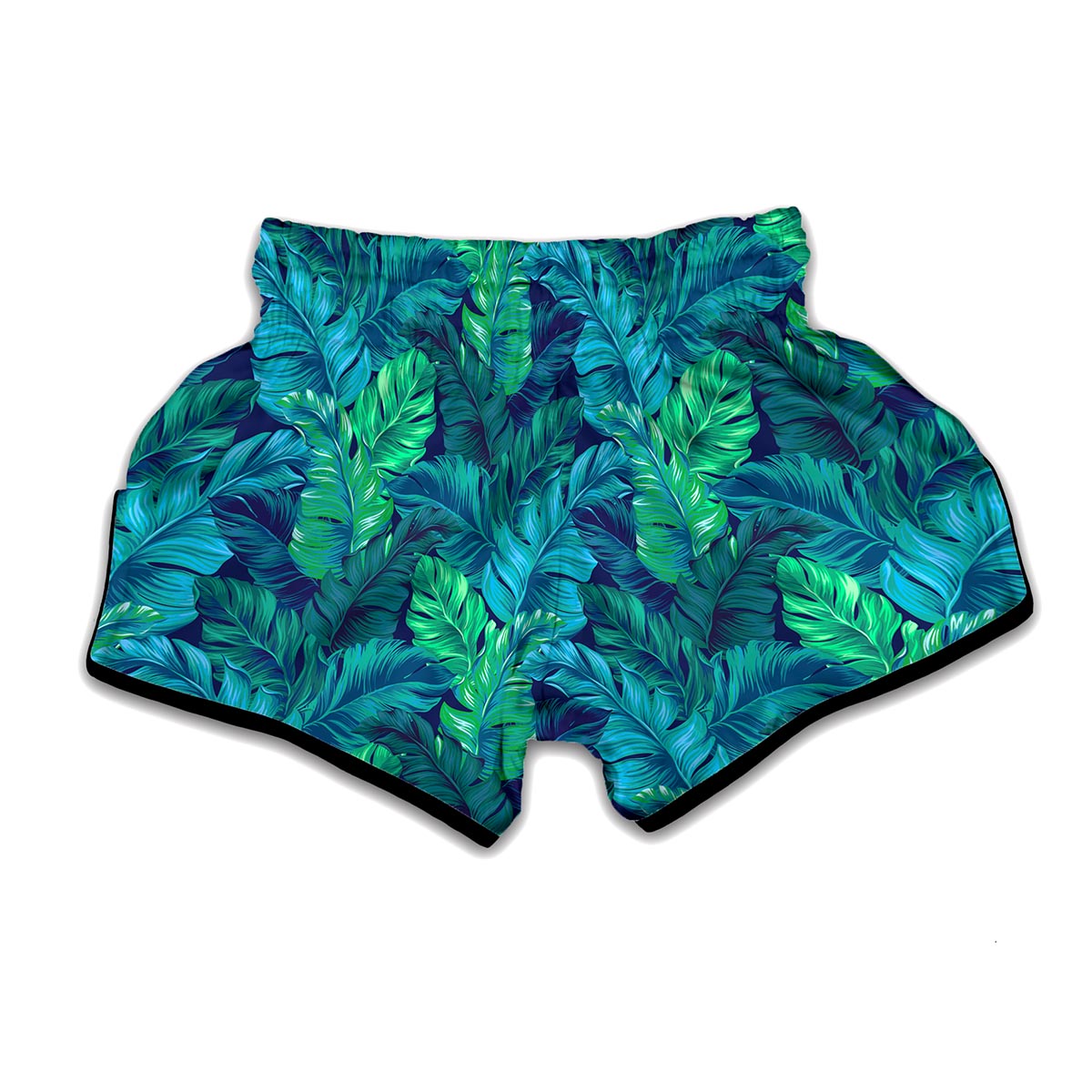 Turquoise Tropical Leaf Pattern Print Muay Thai Boxing Shorts