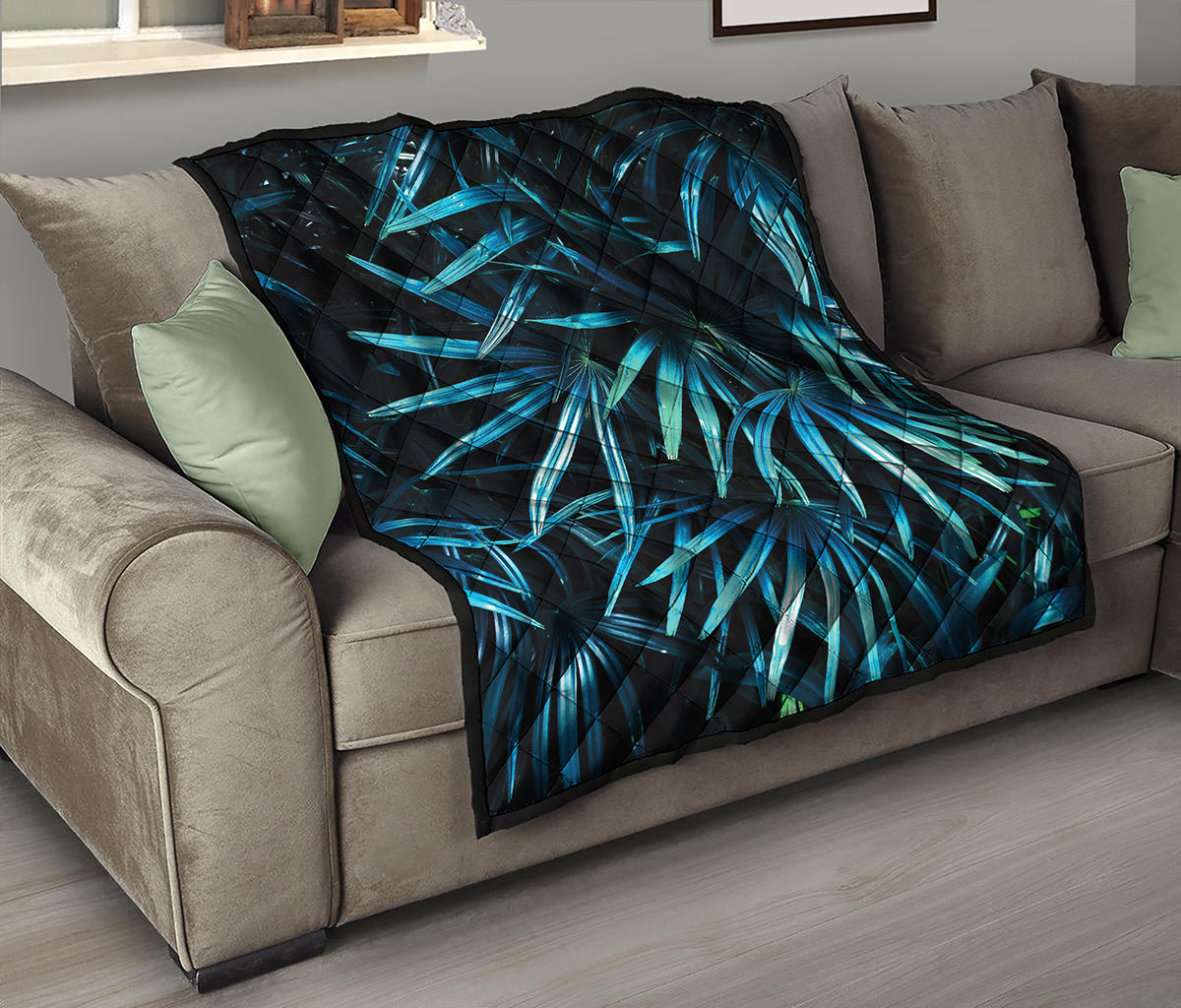 Turquoise Tropical Leaves Print Quilt