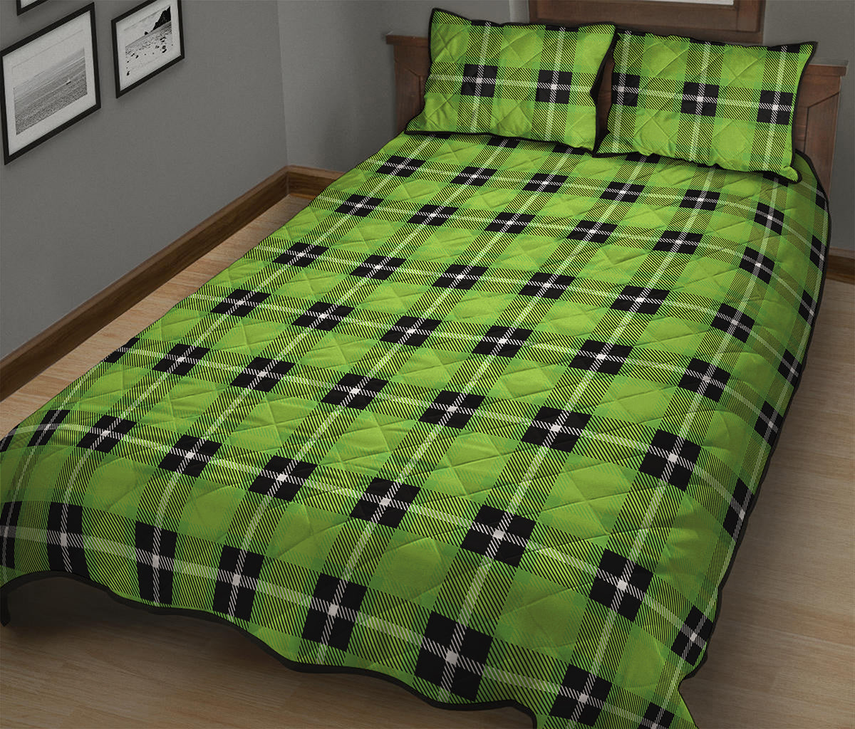 UFO Green Tartan Pattern Print Quilt Bed Set