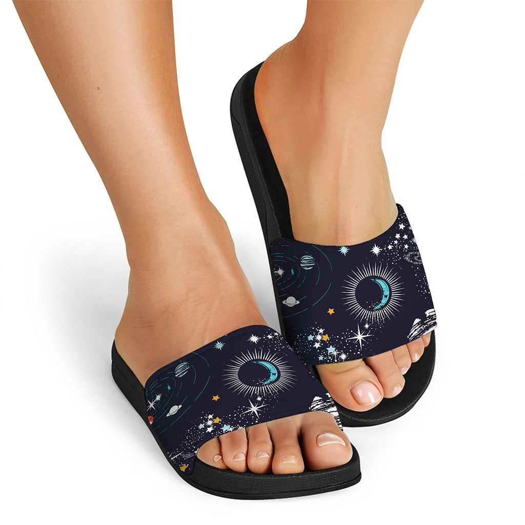 Universe Galaxy Outer Space Print Black Slide Sandals
