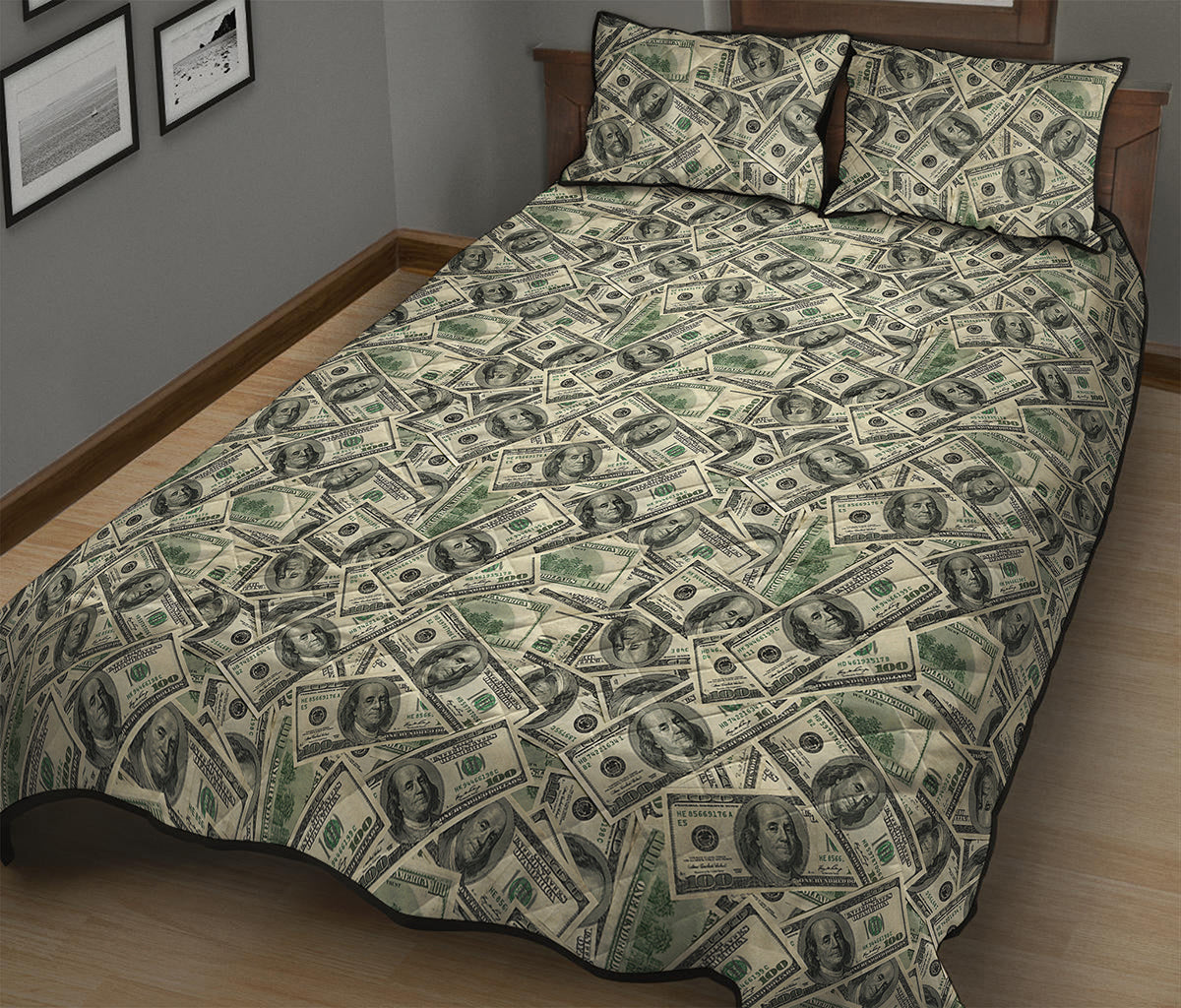 US Dollar Print Quilt Bed Set