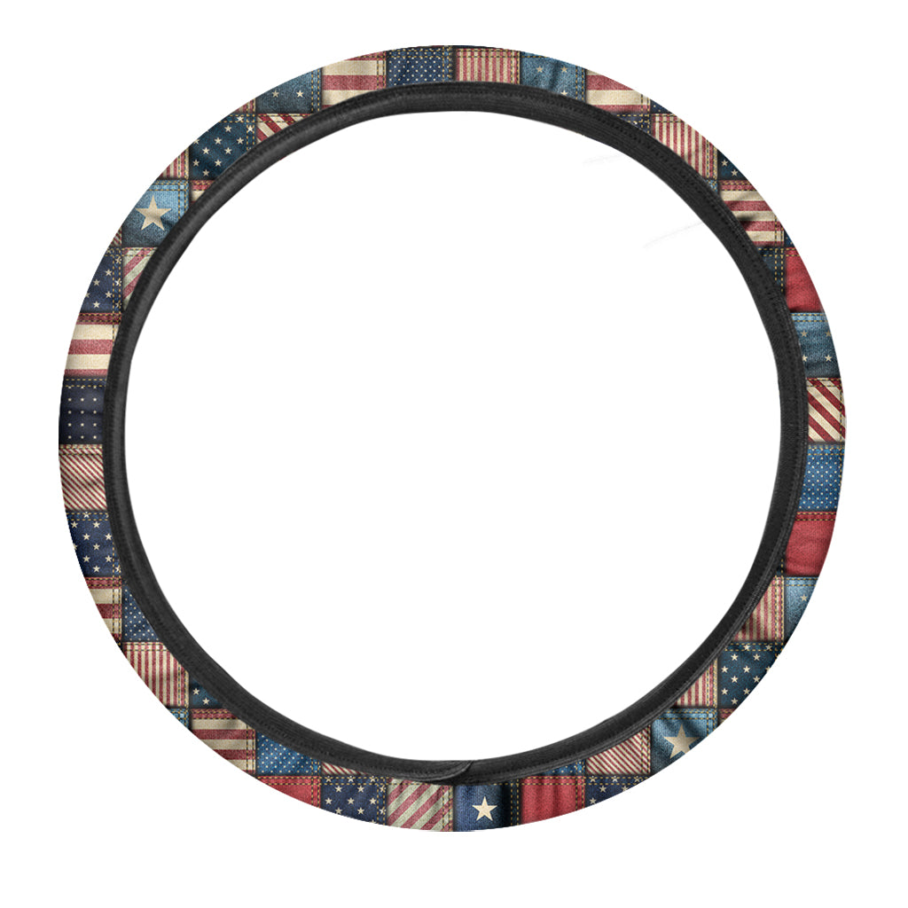 USA Denim Patchwork Pattern Print Car Steering Wheel Cover