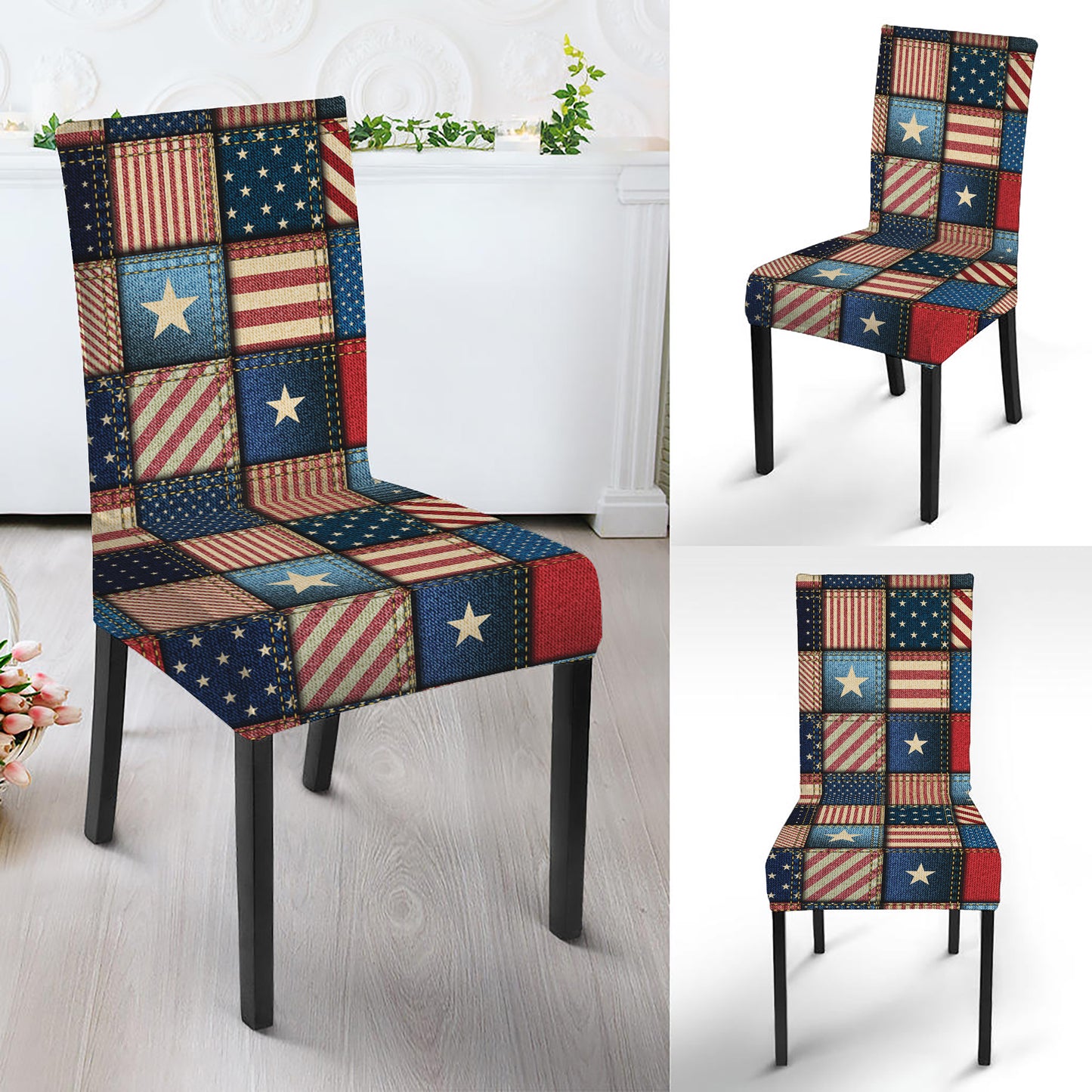 USA Denim Patchwork Pattern Print Dining Chair Slipcover