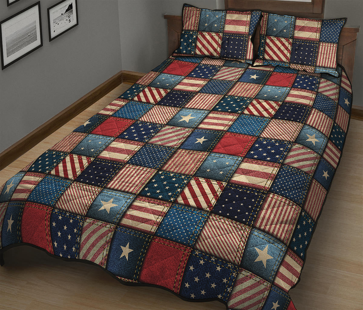 USA Denim Patchwork Pattern Print Quilt Bed Set