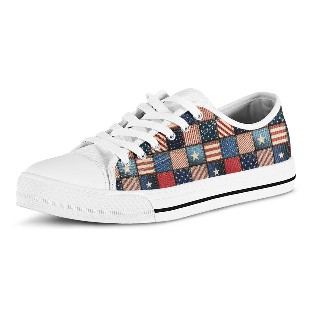 USA Denim Patchwork Pattern Print White Low Top Shoes