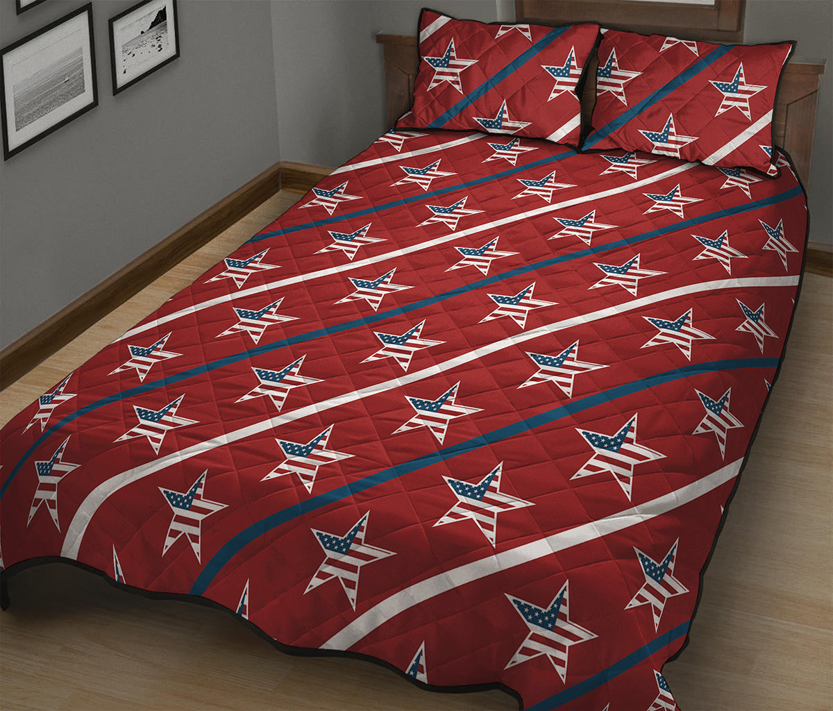 USA Patriotic Star Pattern Print Quilt Bed Set