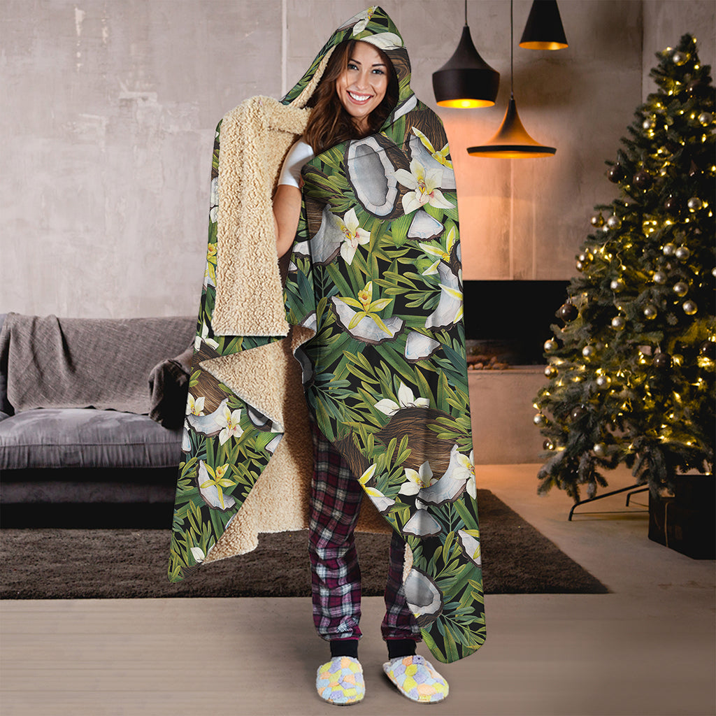 Vanilla Flower And Coconut Pattern Print Hooded Blanket