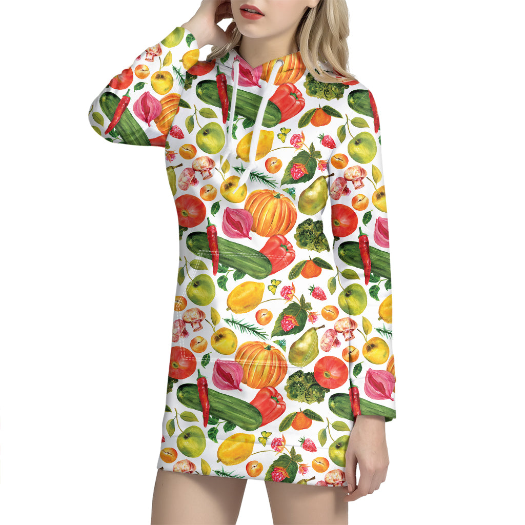 Vegan Fruits And Vegetables Print Hoodie Dress