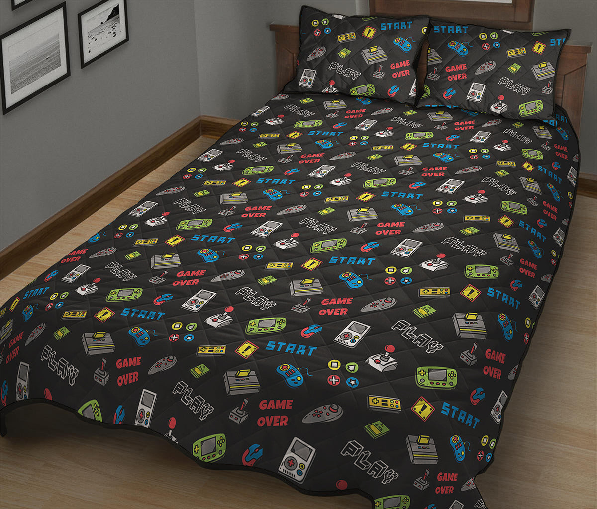 Video Game Gadgets Pattern Print Quilt Bed Set