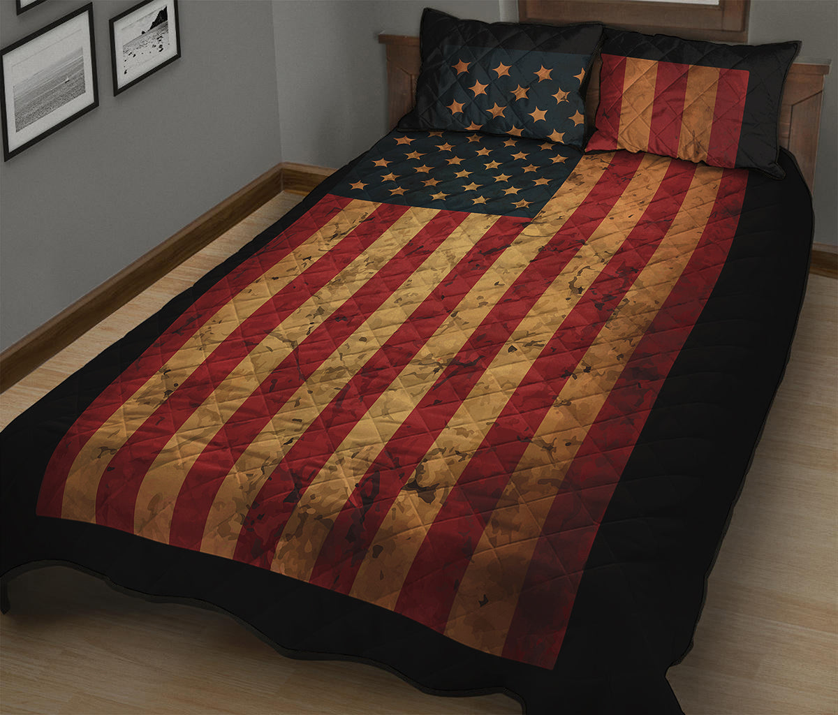 Vintage American Flag Print Quilt Bed Set