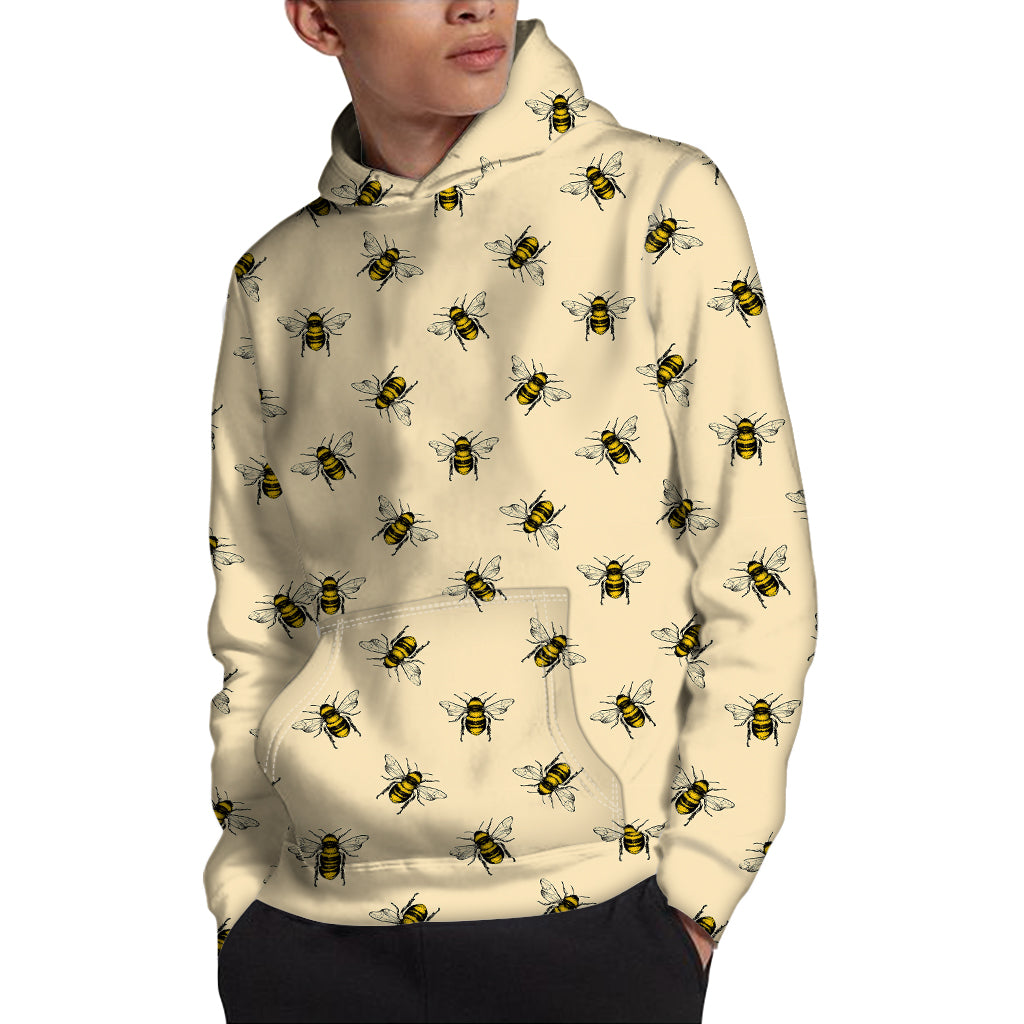 Vintage Bee Pattern Print Pullover Hoodie