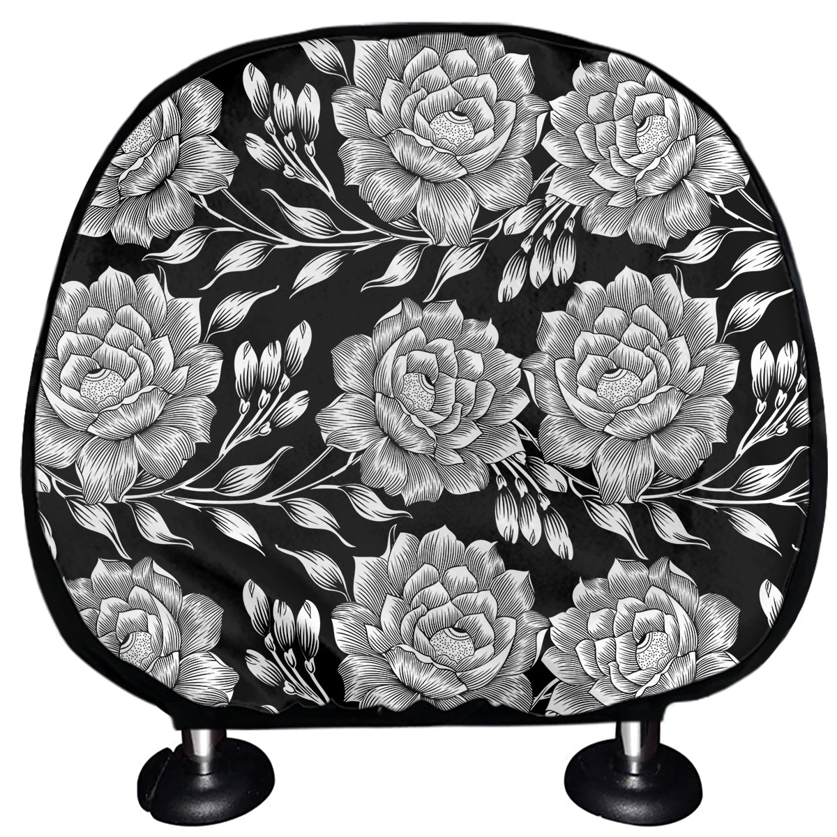 Vintage Black And White Floral Print Car Headrest Covers