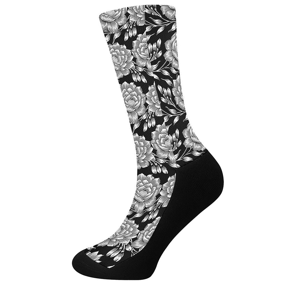Vintage Black And White Floral Print Crew Socks
