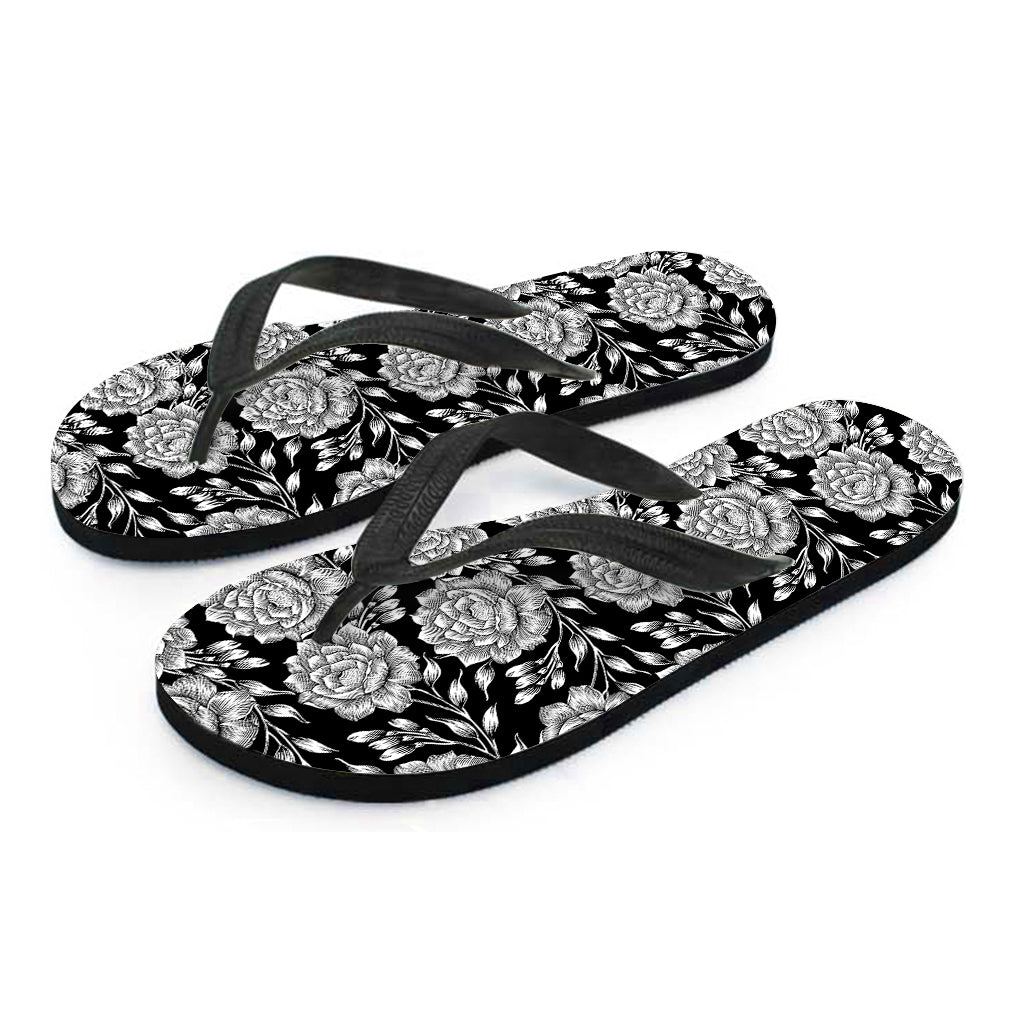 Vintage Black And White Floral Print Flip Flops