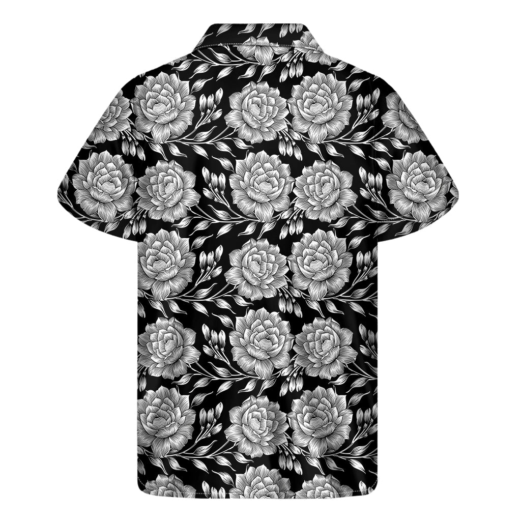 Vintage Black And White Floral Print Men's Short Sleeve Shirt
