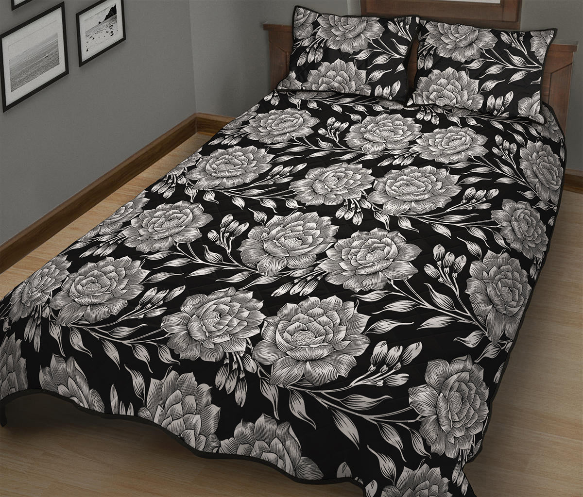 Vintage Black And White Floral Print Quilt Bed Set