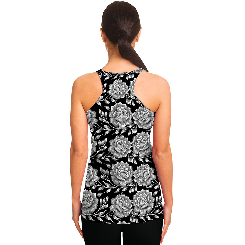 Vintage Black And White Floral Print Women's Racerback Tank Top