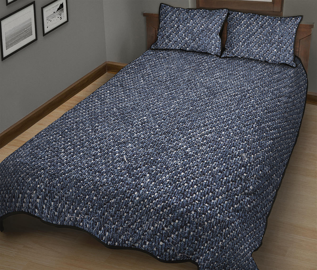 Vintage Blue Denim Jeans Print Quilt Bed Set