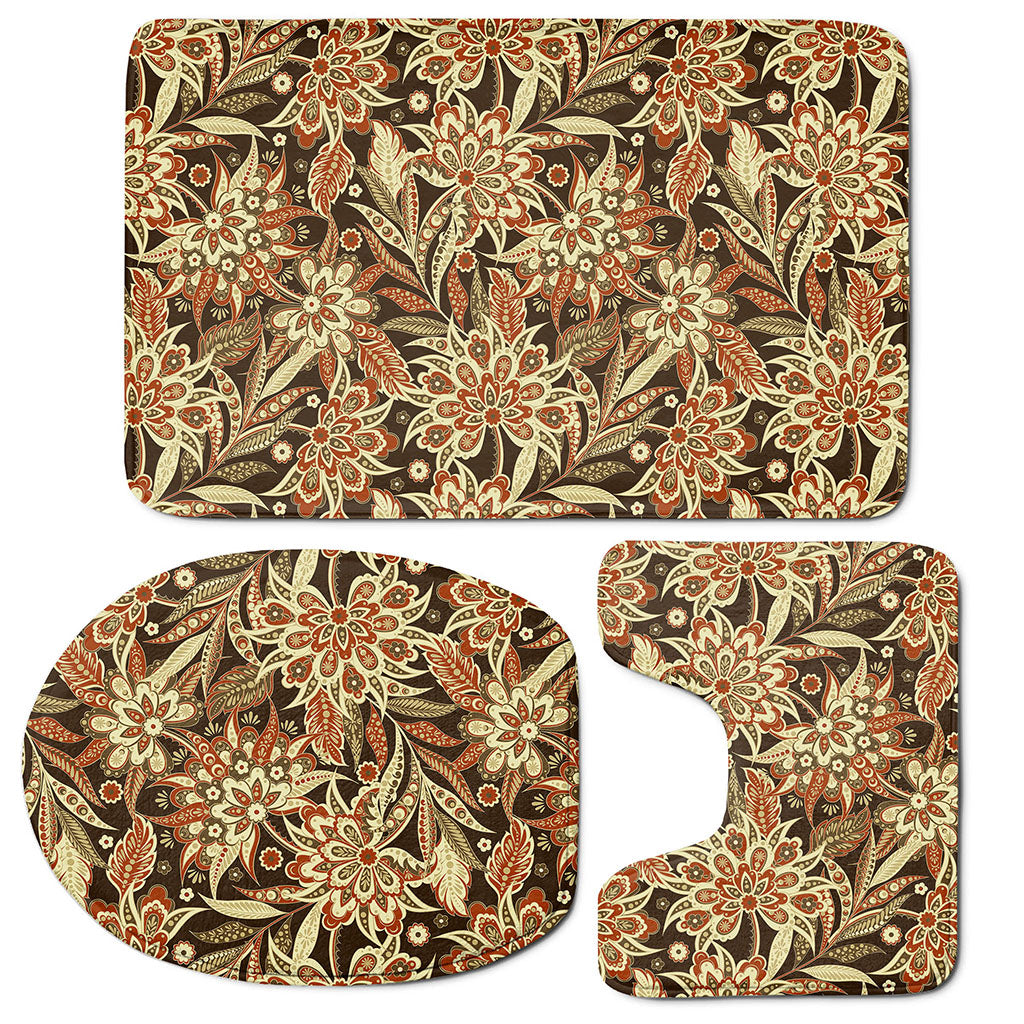 Vintage Brown Bohemian Floral Print 3 Piece Bath Mat Set