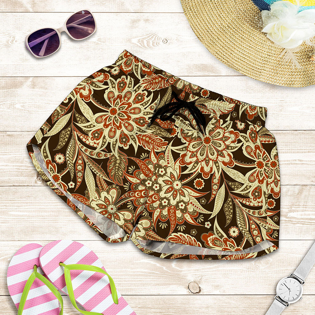Vintage Brown Bohemian Floral Print Women's Shorts
