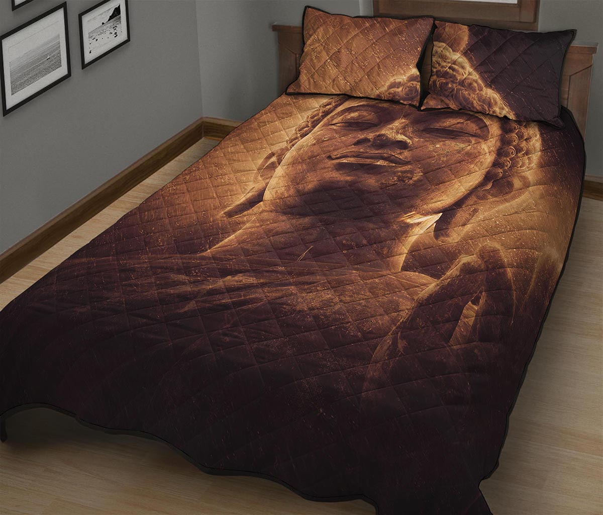 Vintage Buddha Statue Print Quilt Bed Set
