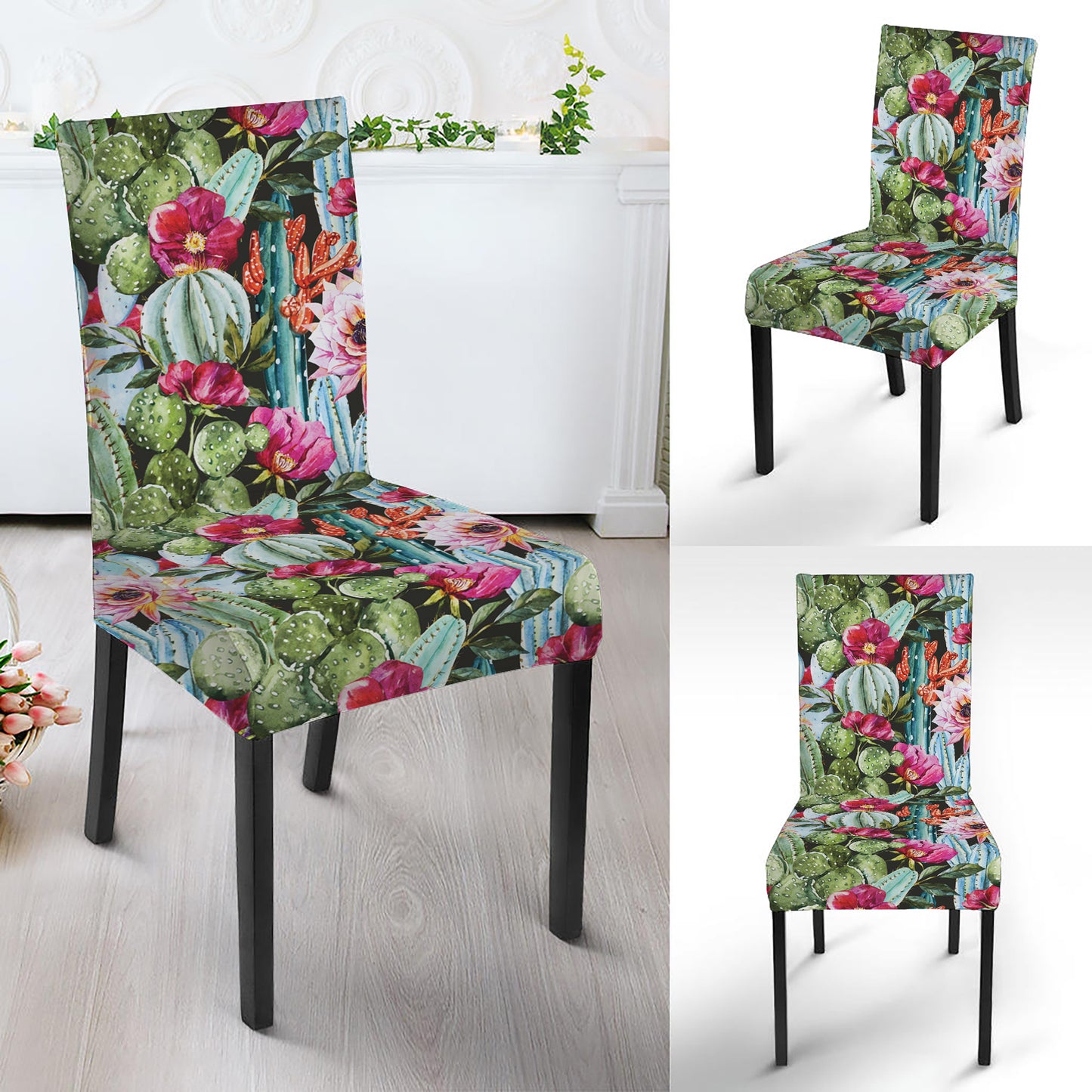 Vintage Cactus And Flower Print Dining Chair Slipcover
