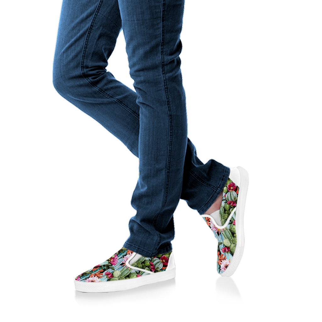 Vintage Cactus And Flower Print White Slip On Shoes
