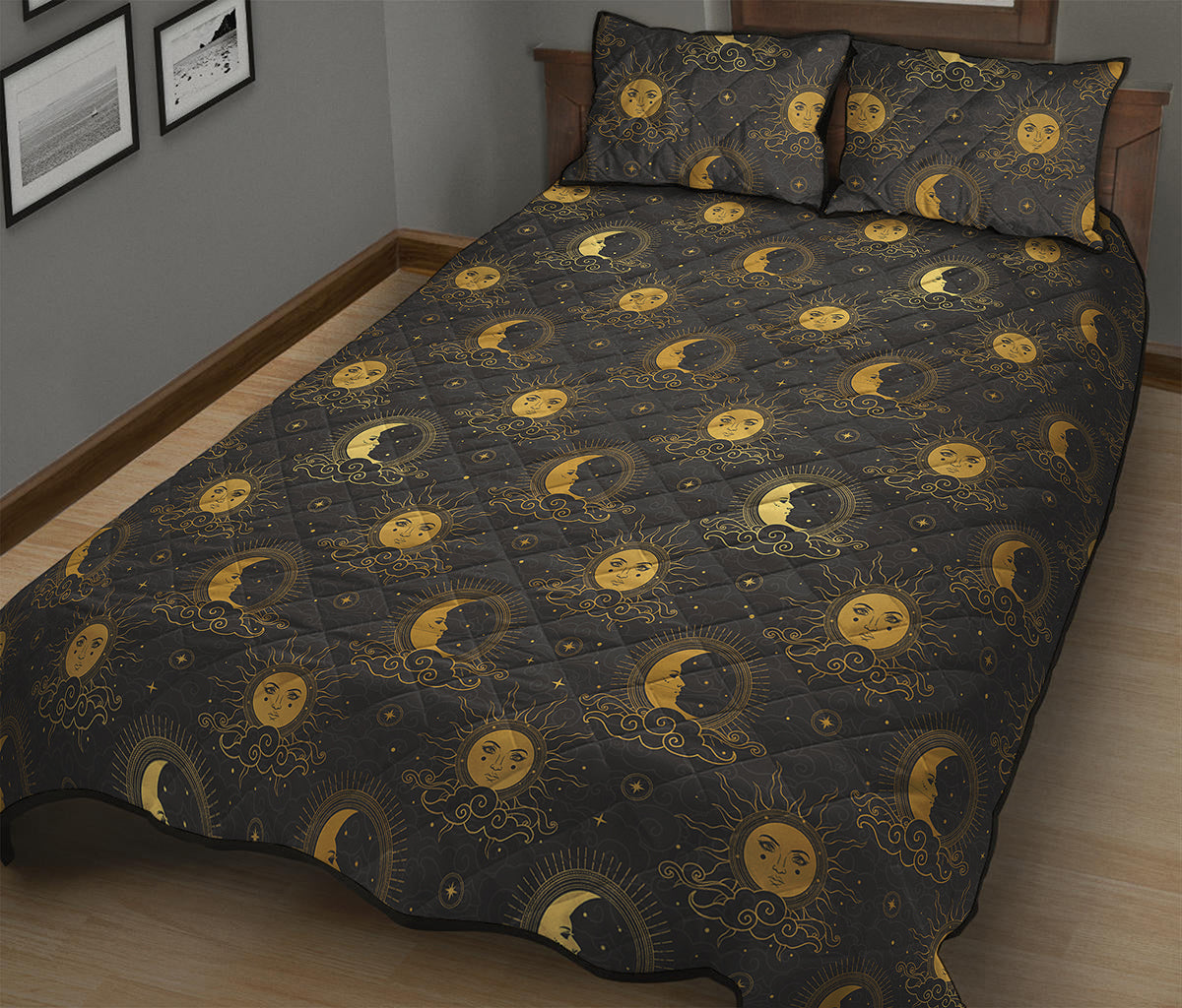 Vintage Celestial Pattern Print Quilt Bed Set