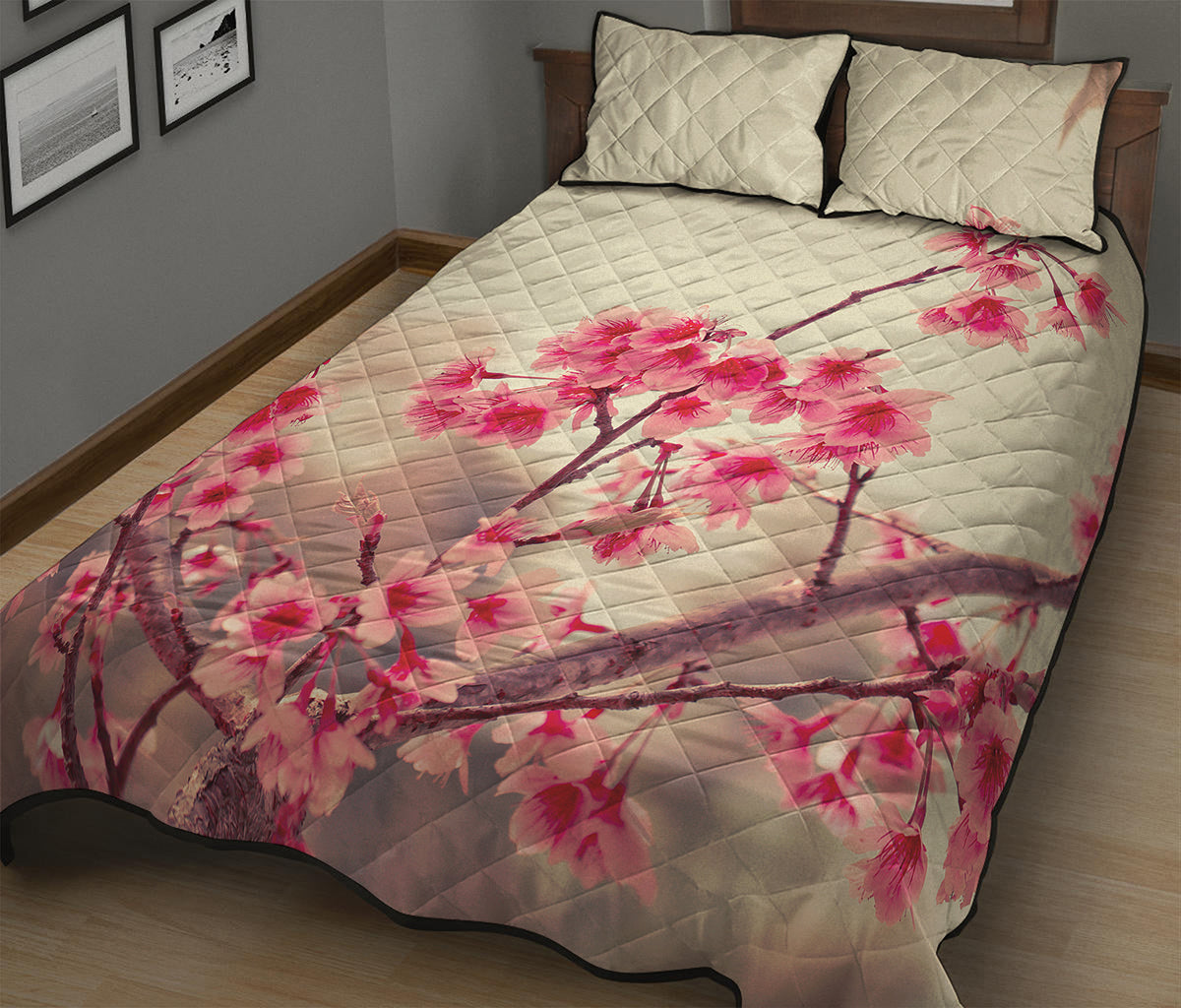Vintage Cherry Blossom Print Quilt Bed Set