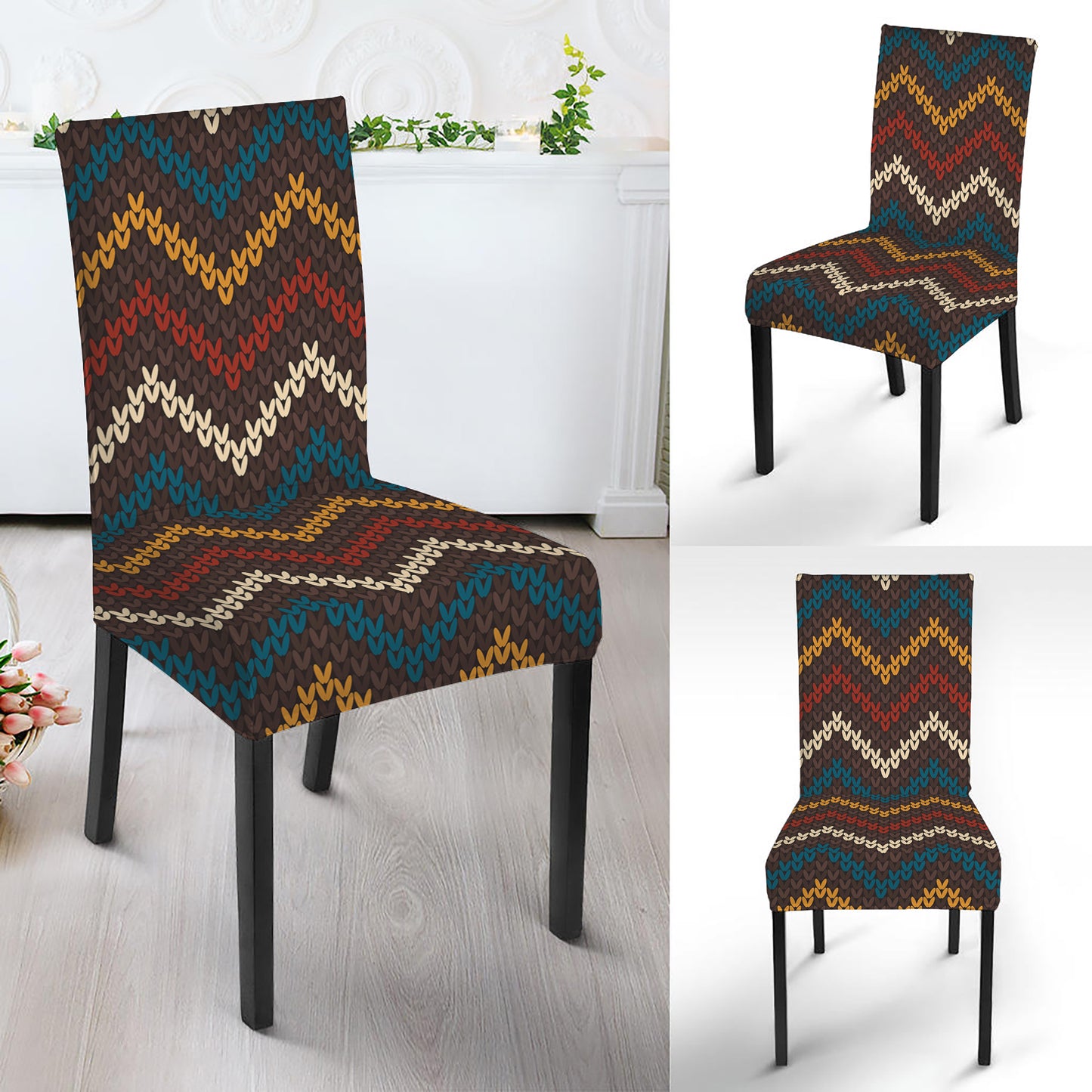 Vintage Chevron Knitted Pattern Print Dining Chair Slipcover