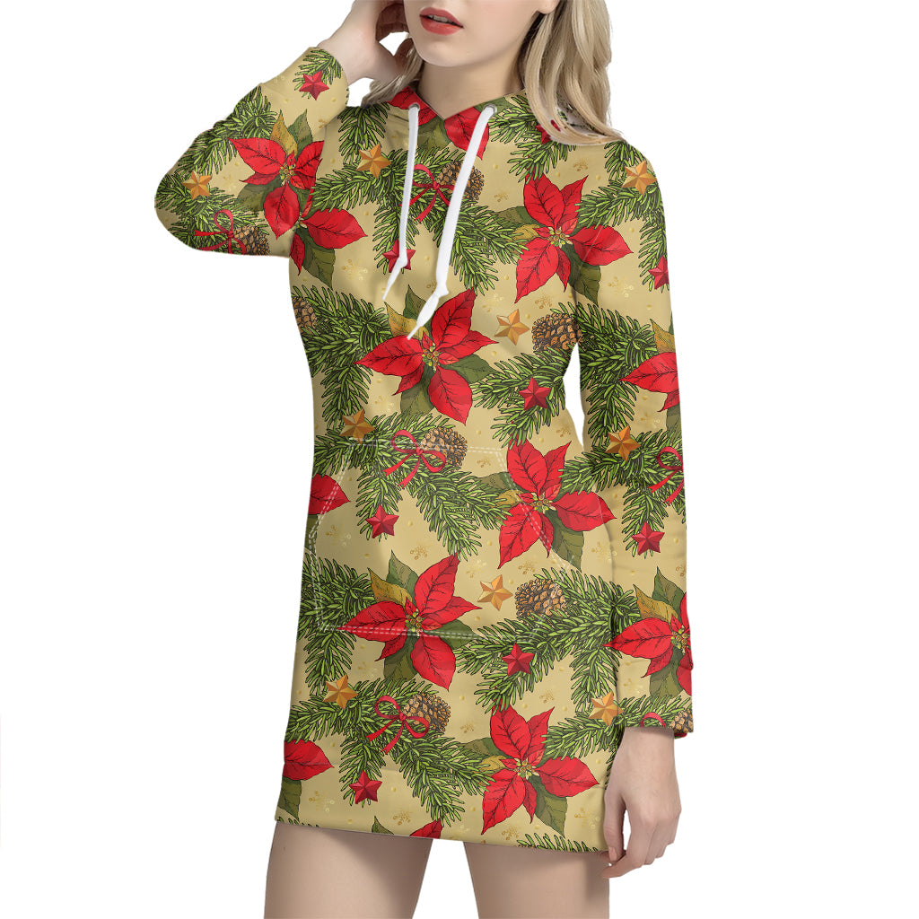 Vintage Christmas Poinsettia Print Hoodie Dress