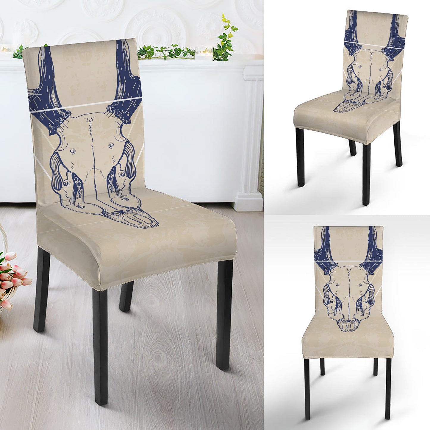 Vintage Deer Skull Print Dining Chair Slipcover