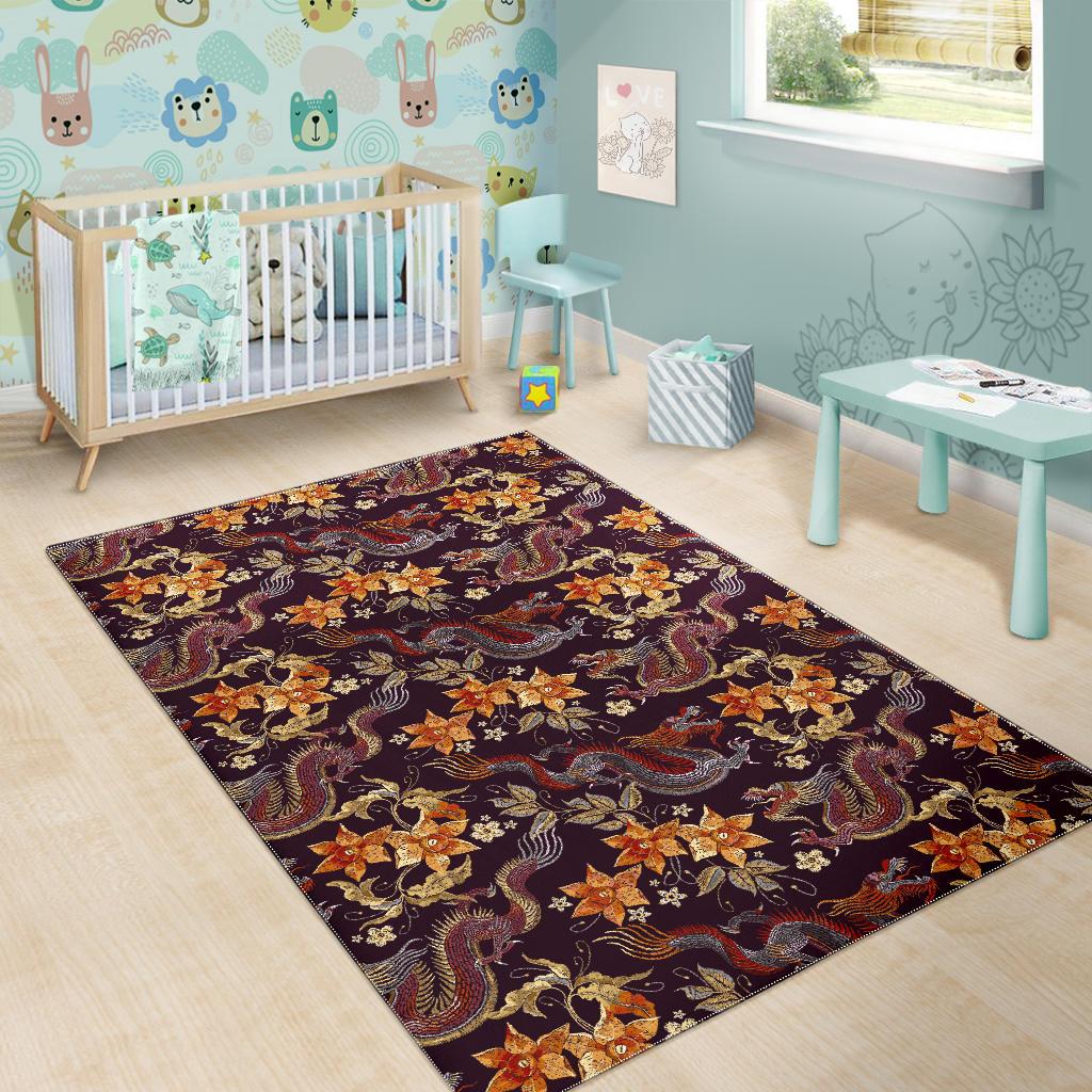 Vintage Dragon Flower Pattern Print Area Rug GearFrost