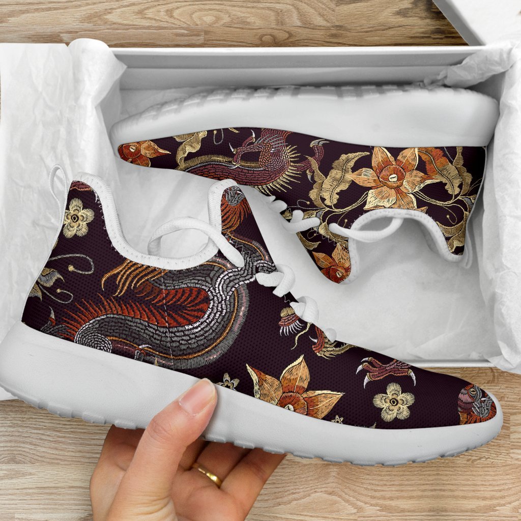 Vintage Dragon Flower Pattern Print Mesh Knit Shoes GearFrost