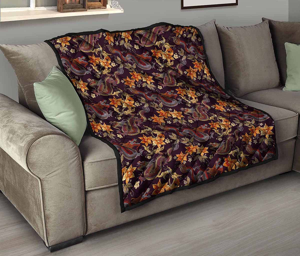 Vintage Dragon Flower Pattern Print Quilt