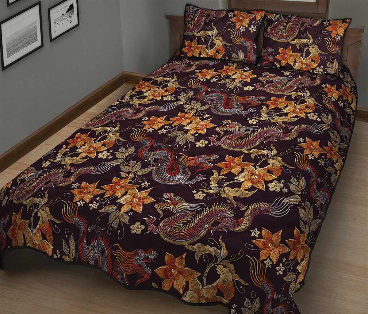 Vintage Dragon Flower Pattern Print Quilt Bed Set