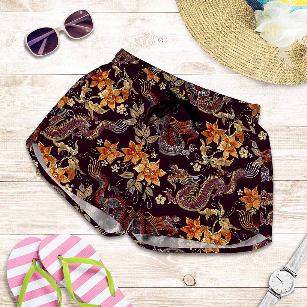 Vintage Dragon Flower Pattern Print Women's Shorts