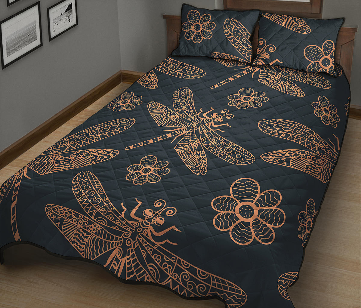 Vintage Dragonfly Pattern Print Quilt Bed Set